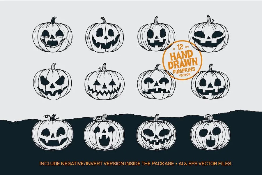 12 calabazas de Halloween para dibujar a mano., Gráficos - Envato Elements