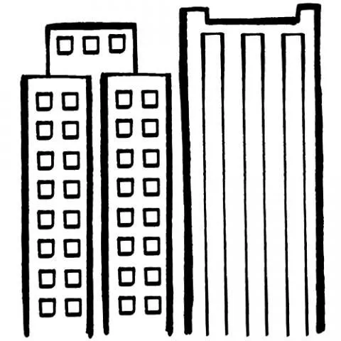 Dibujo para pintar de un rascacielos y edificios en la ciudad