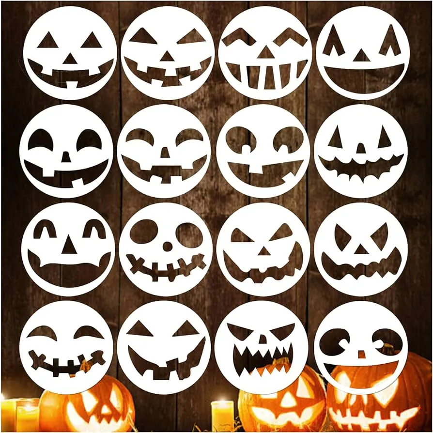 16 plantillas pequeñas de cara de calabaza de Halloween para pintar en  madera, plantillas redondas de