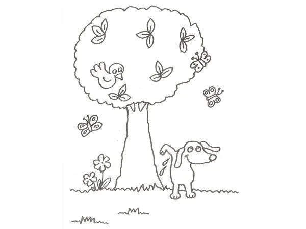 Imprimir: Dibujo para niños de un perro con árboles y mariposas ...