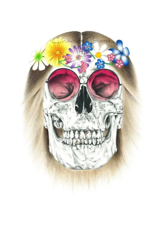 1960 Hippie Cráneo Lápiz Retrato Dibujo Impresión - Etsy México