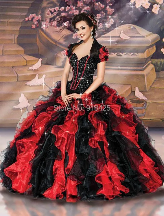 2015 moldeado cristalino rojo y negro Vestidos quinceañera balón ...