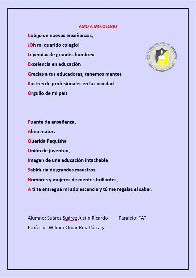 ACROSTICO: AMO A MI COLEGIO | Periódico Virtual – Unidad Educativa Fiscal  Paquisha