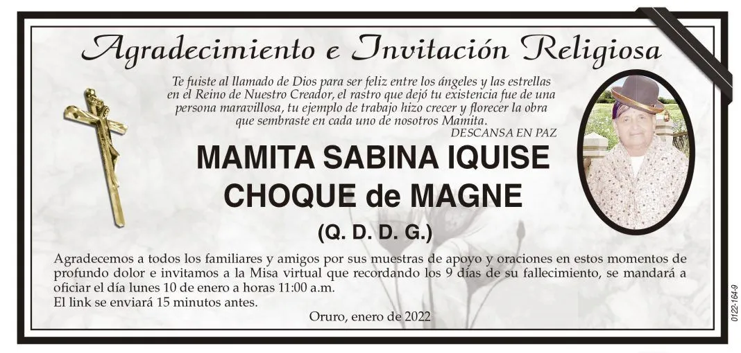 Agradecimiento e Invitación Religiosa: MAMITA SABINA IQUISE CHOQUE de MAGNE  (Q. D. D. G.) - Periódico La Patria