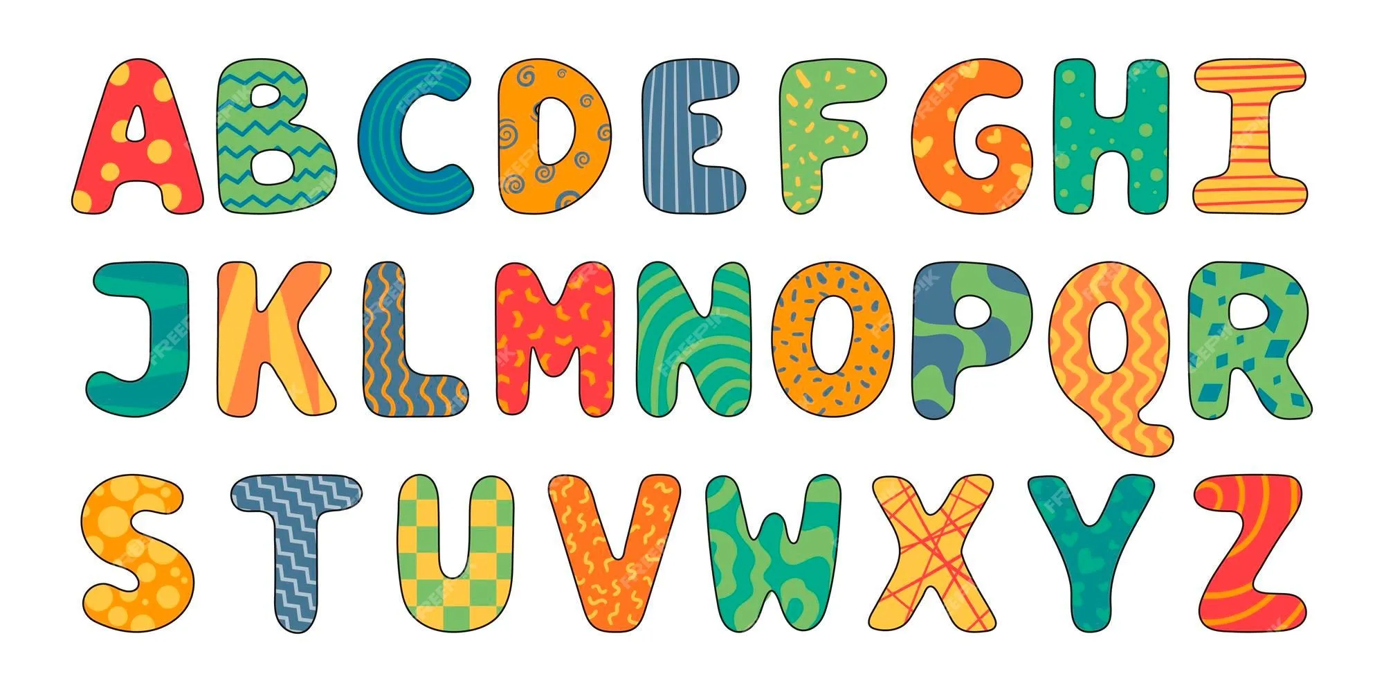 Alfabeto inglés de dibujos animados de vector. una colección de letras latinas brillantes aisladas decoradas con patrones. | Vector Premium Alfabeto inglés de dibujos animados de vector. una colección de letras latinas brillantes aisladas decoradas con patrones. | Vector Premium