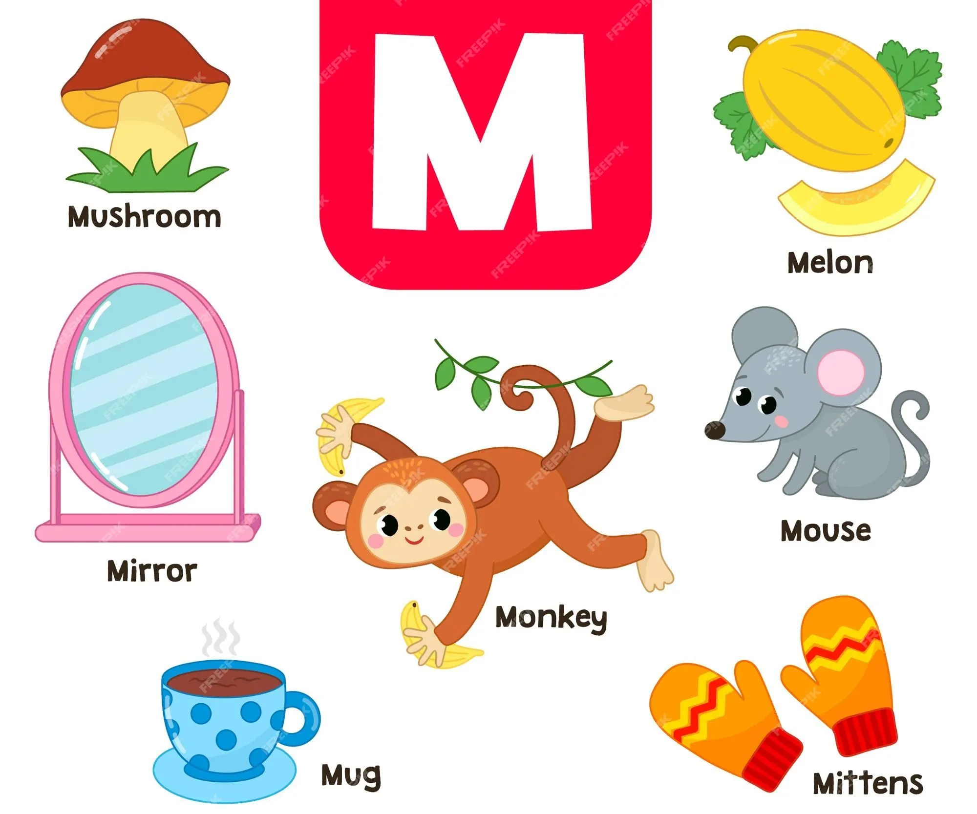 Alfabeto inglés en imágenes ilustración de vector de letra m de color para  niños | Vector Premium