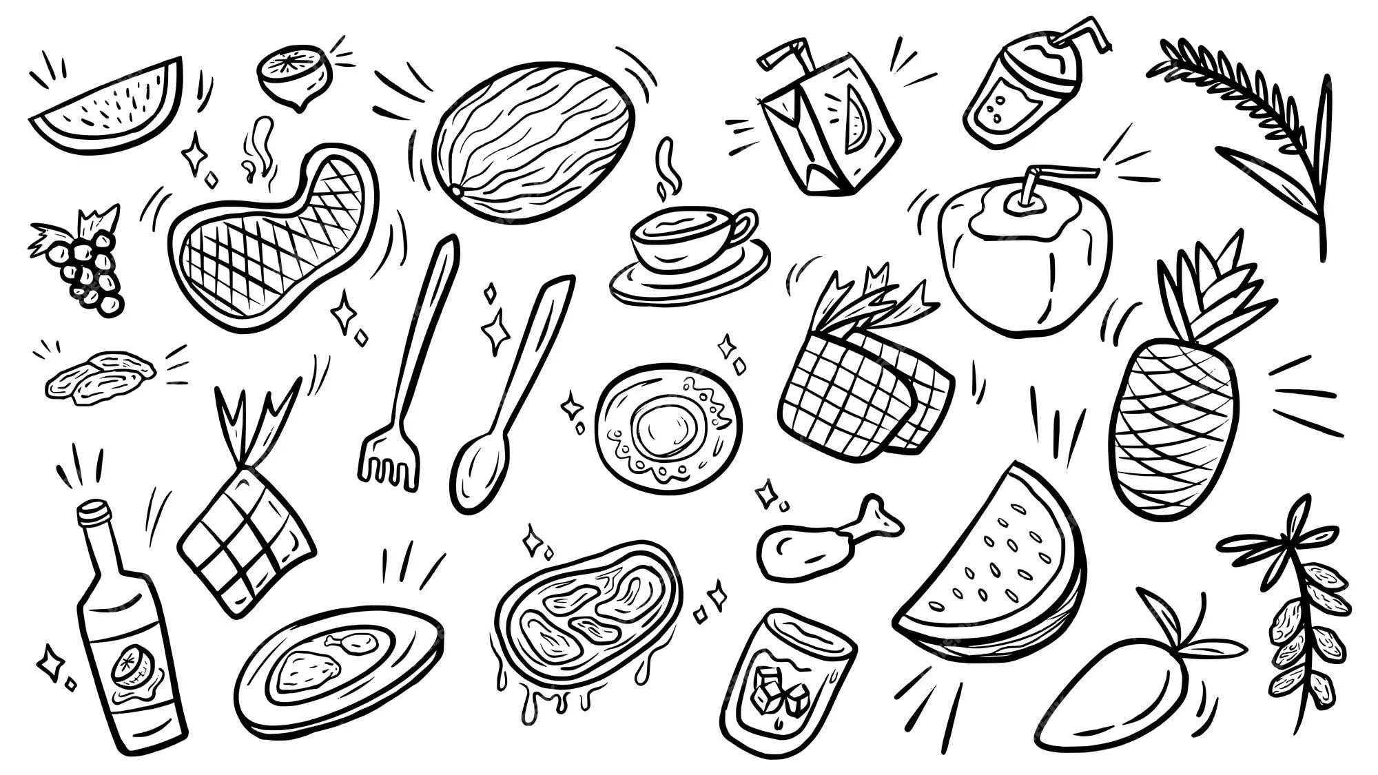 Alimentos saludables y frutas doodle contorno vector conjunto de iconos  colección de plantillas para colorear libro | Vector Premium