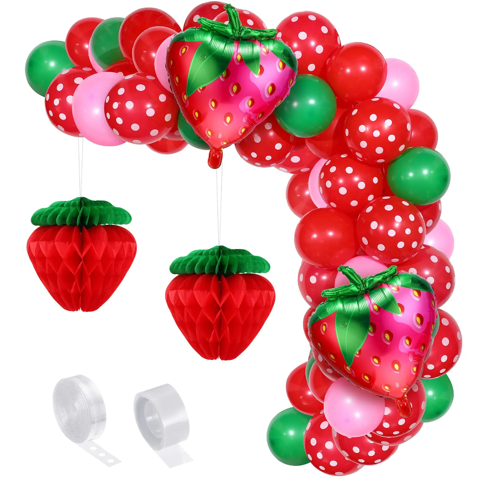 Amazon.com: Decoraciones de fiesta de cumpleaños de fresa, globos de fiesta  de fresa, arco de guirnalda, bola de panal de papel, kit de decoración de  globos de aluminio para fiesta (rojo, rosa,