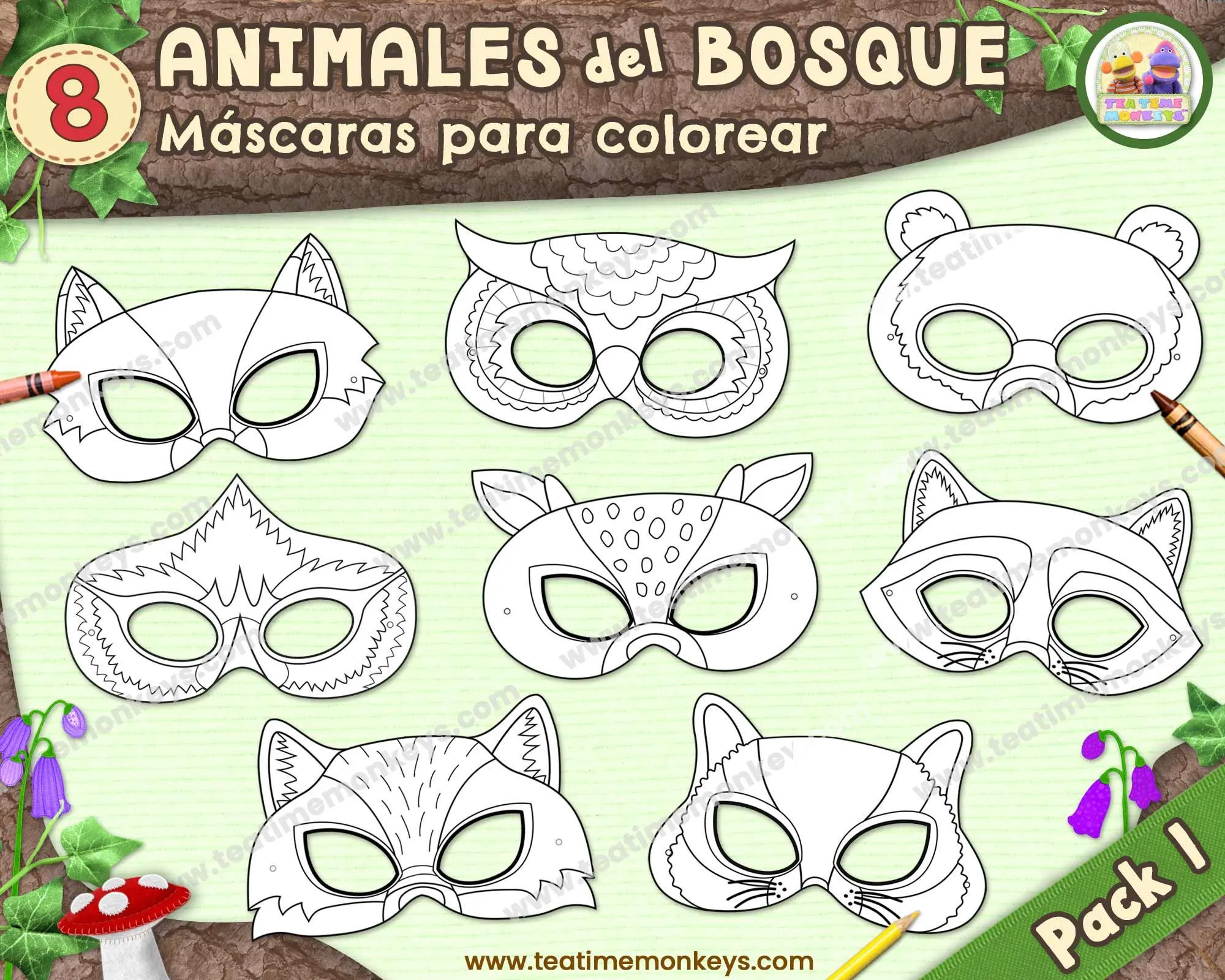 ANIMALES del BOSQUE Pack 1 OCHO Máscaras para Imprimir y - Etsy México
