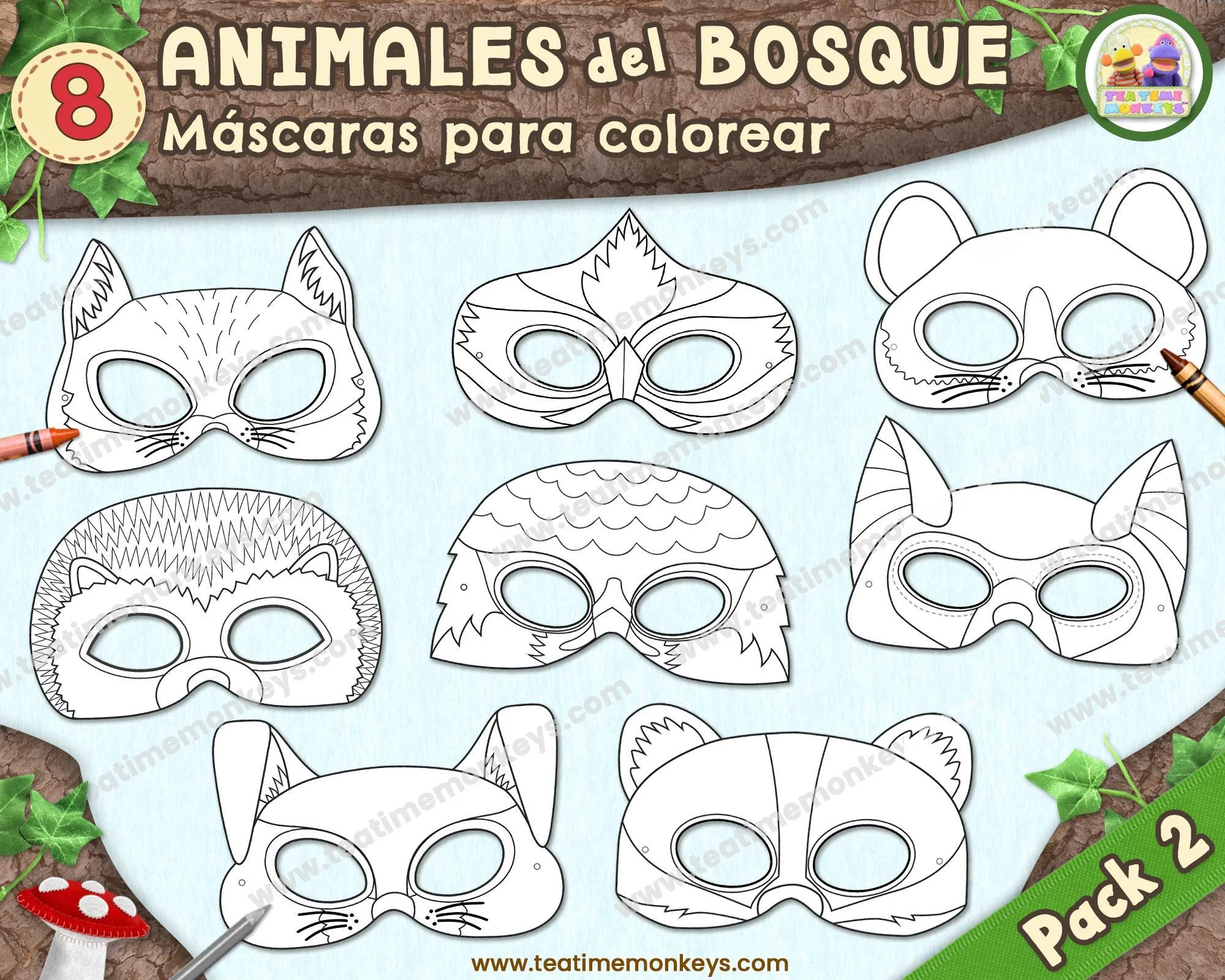 ANIMALES del BOSQUE Pack 2 OCHO Máscaras para Imprimir y - Etsy México