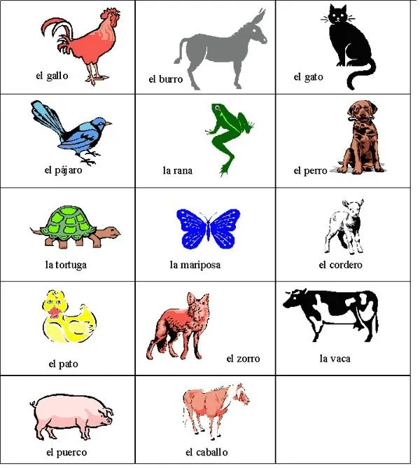 Dibujos de una loteria de los animales en inglés - Imagui