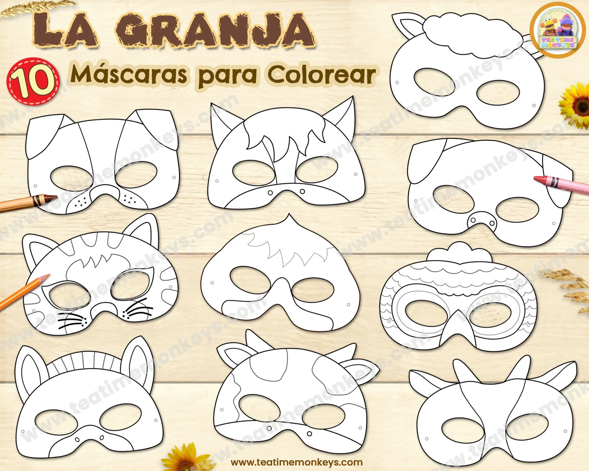ANIMALES de la GRANJA DIEZ Máscaras para Imprimir y Colorear - Etsy México
