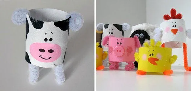6 Animales de granja con tubos de papel higiénico y un establo ...