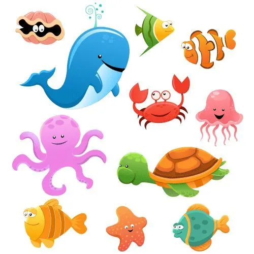 Animales marinos cartoon - Vector. Caricatura. Concha, ballena ...