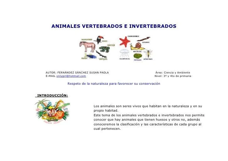 Animales vertebrados e invertebrados trabajo para grupos susan