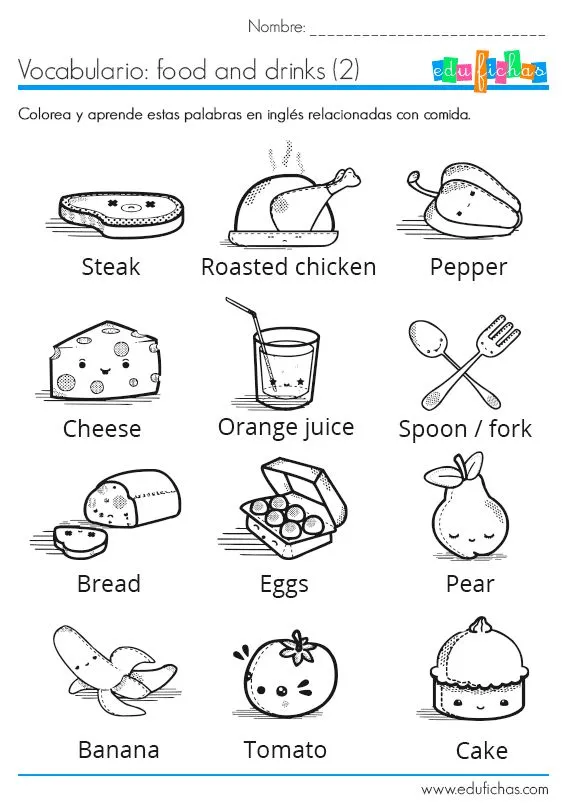 Aprender vocabulario de comida coloreando. (ficha 2) http://www ...