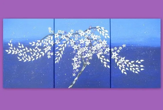 árbol azul oscuro 3 lienzos pintura flor de cerezo por SheerJoy