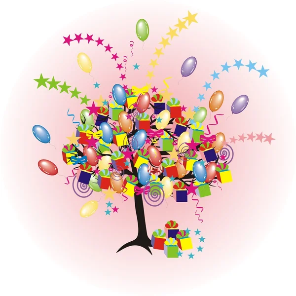 Árbol de dibujos animados fiesta con globos, regalos, cajas para ...