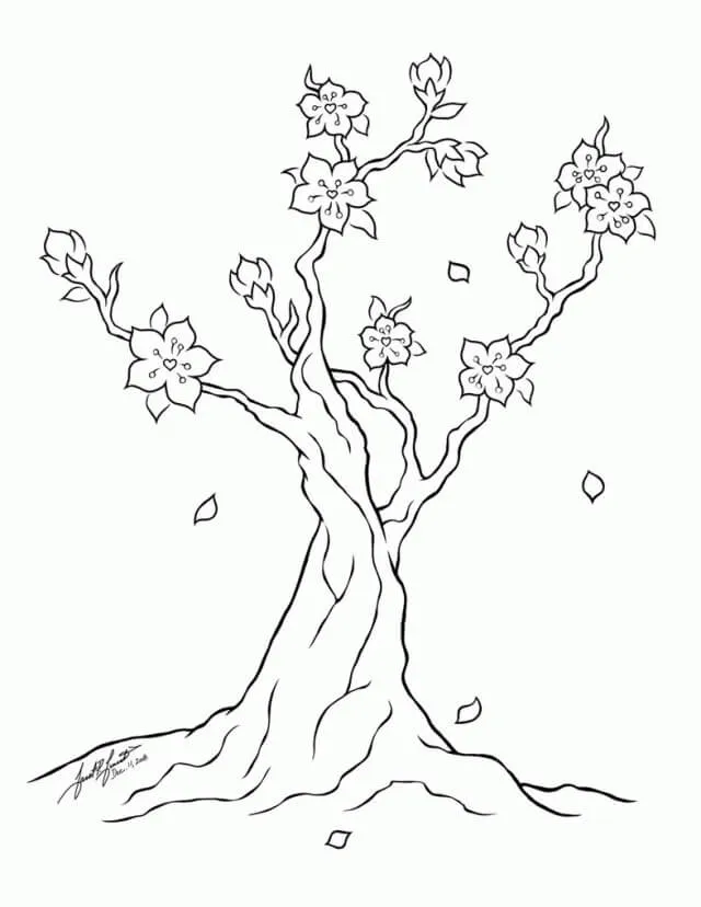 Árbol de Flor de Cerezo Simple para colorear, imprimir e dibujar – Dibujos- Colorear.Com