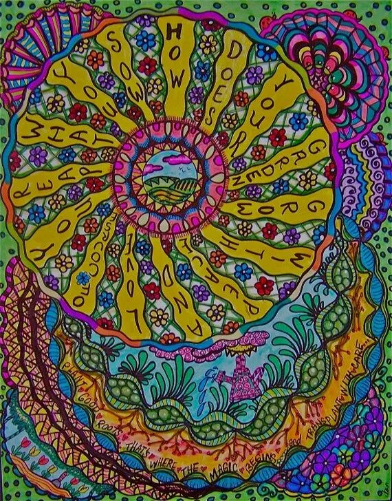 Arte psicodélico Hippie el jardín Mandala por DawnCollinsArt