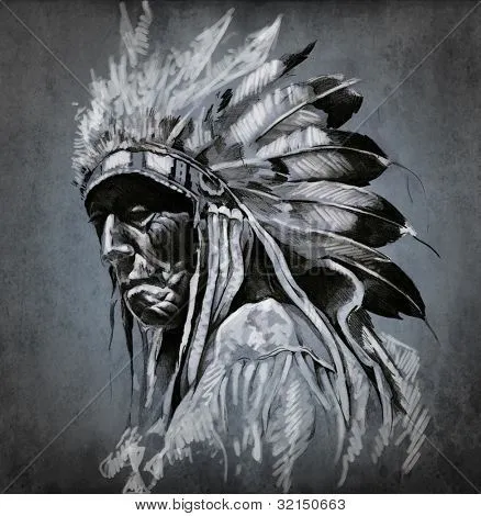 Arte del tatuaje, Retrato de cabeza de indio americano sobre fondo ...