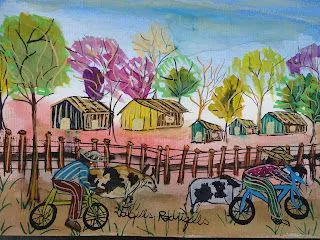Artes Popular de Mato-Grosso, e do Brasil.: Andando de Bicicletas no Sitio. (Aquarela sobre o papel)