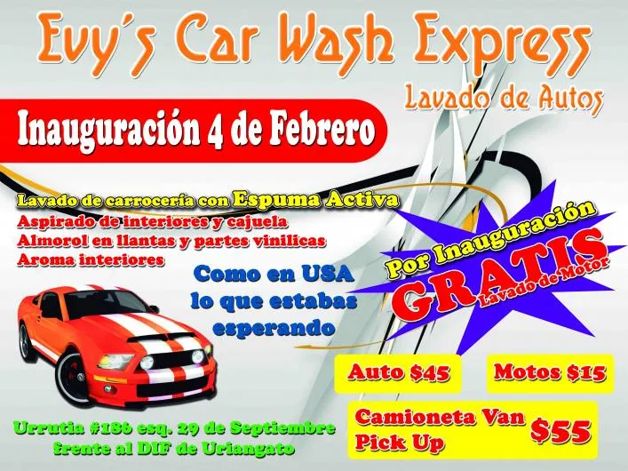 Autolavado evy's car wash en URIANGATO. Teléfono y más info.