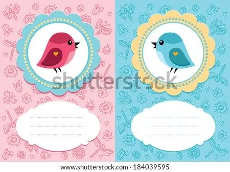 Baby-Girl And Baby-Boy Cards With Cute Bird. Some Blank Space For ...