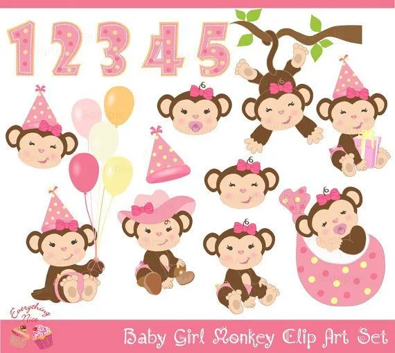 Baby Girl Monkey Clip Art Set