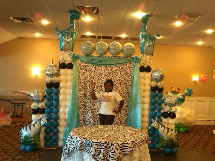 Baby shower backdrop cake design arch and table with zebra print ...