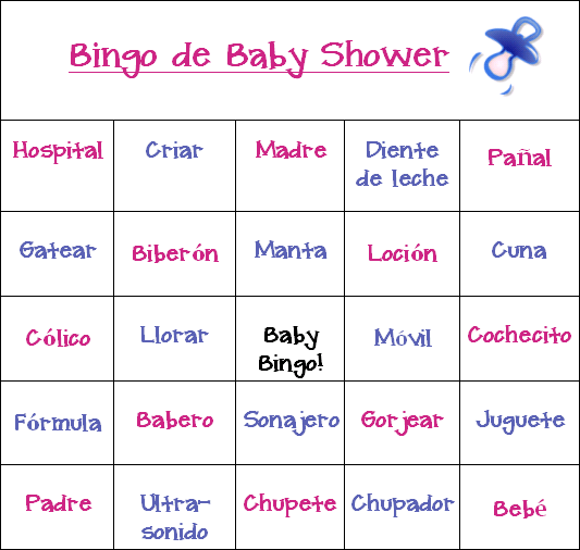 Instrucciones, ejemplos, y tarjetas para baby shower bingo!