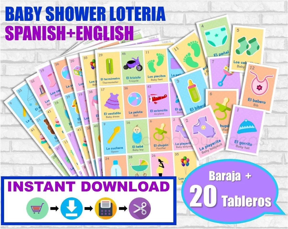 Baby shower Lotería Ingles y Español. Juego para baby shower. - Etsy México