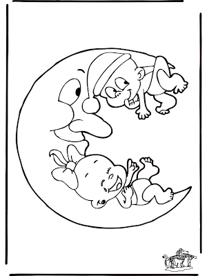 Imagenes para colorear: Imagen de la luna con dos bebes para colorear