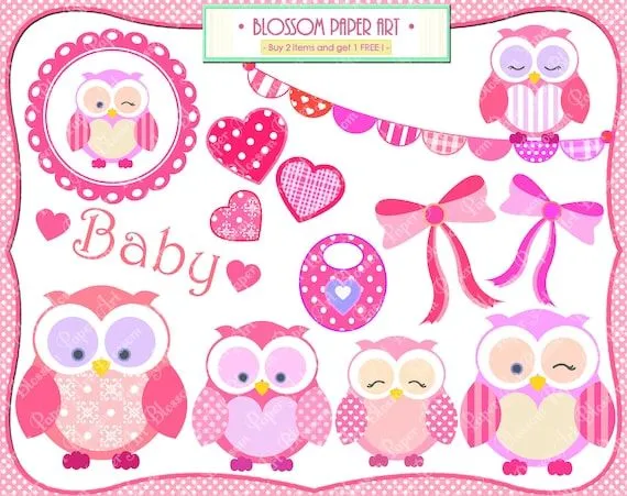 Baby Girl Owls Clipart Baby Shower Cardmaking por blossompaperart