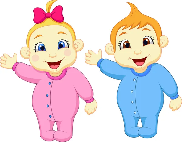 Bebé niño y niña de dibujos animados agitando la mano — Vector ...
