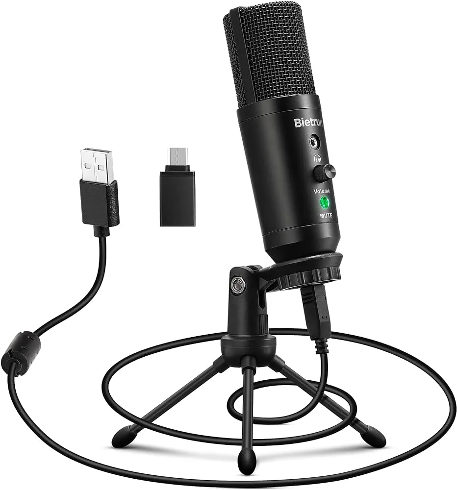 Bietrun Micrófono USB-C para computadora con conector de auriculares,  micrófono de condensador cardioide de metal