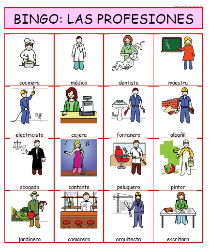bingo profesiones | Español para inmigrantes y refugiados
