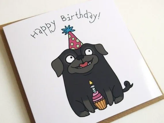 Birthday Pug Card Greeting Card Black Pug por Pugsnkissesuk