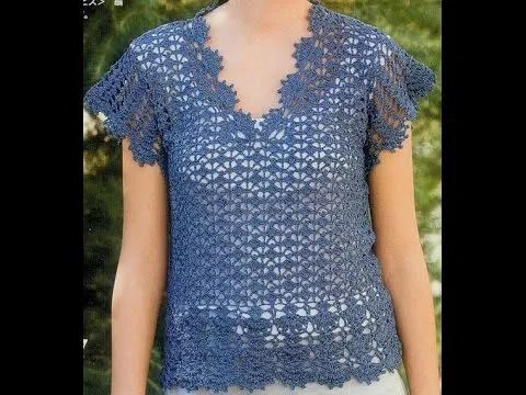Blusa Azul Calada terminación Abanicos a Crochet - YouTube