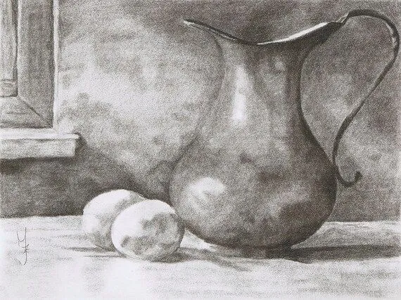 Bodegones dibujo al carbón arte realismo por ZylstraArtAndDesign