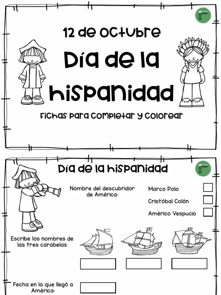 Bonitas Fichas para Completar y Colorear Dia de La Hispanidad | PDF