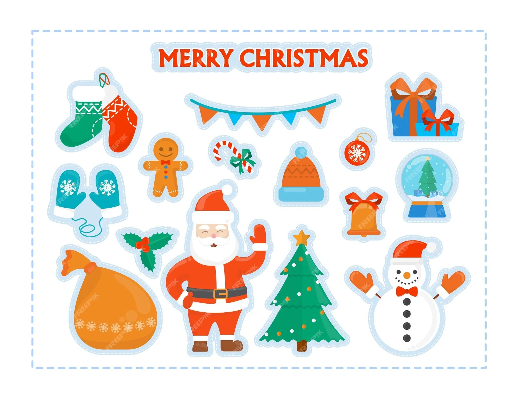 Bonito material navideño para un set de decoración. colección de símbolo de  navidad con árbol y muñeco de nieve, santa y manopla para imprimir.  ilustración de vector plano aislado | Vector Premium
