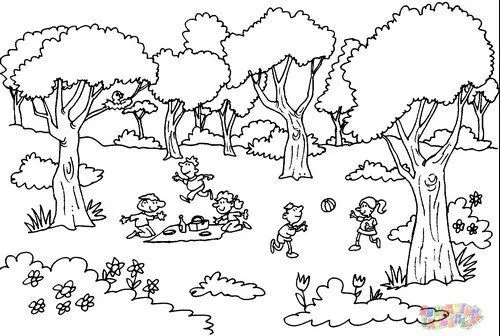 Dibujo de un bosque con animales para colorear - Imagui