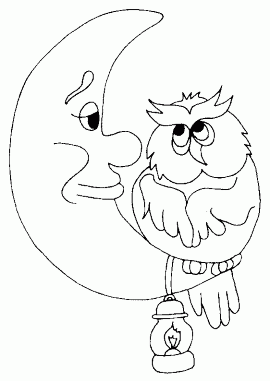 Dibujo de Luna y búho para colorear. Dibujos infantiles de Luna y ...