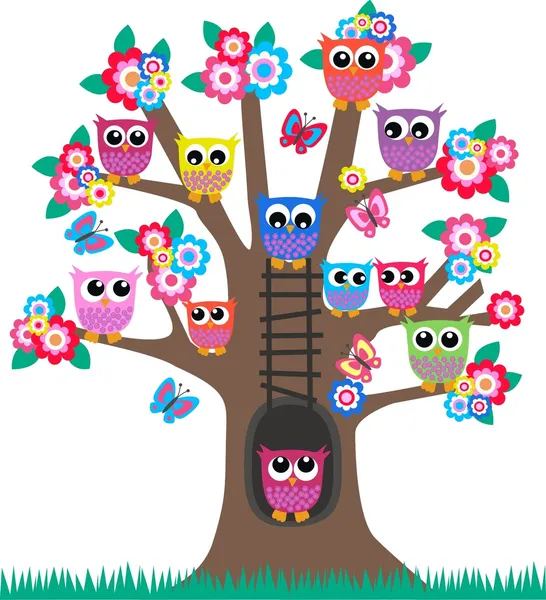 Muchos de los buhos en un árbol — Vector stock © popocorn #7947222