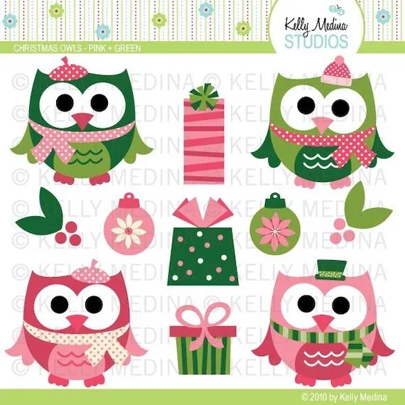 Buhos de Navidad rosa y verde Clip Art Set por Kellymedinastudios