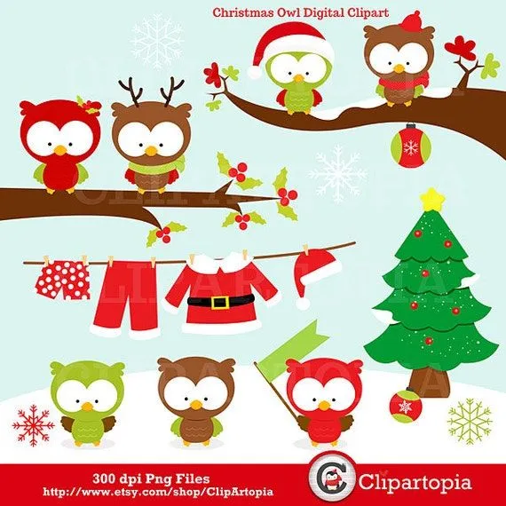 Buhos navideños digital clipart / lindos buhos clip por ClipArtopia