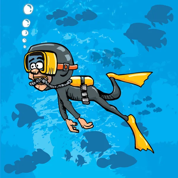 Buzo de dibujos animados nadar bajo el agua con peces — Vector ...