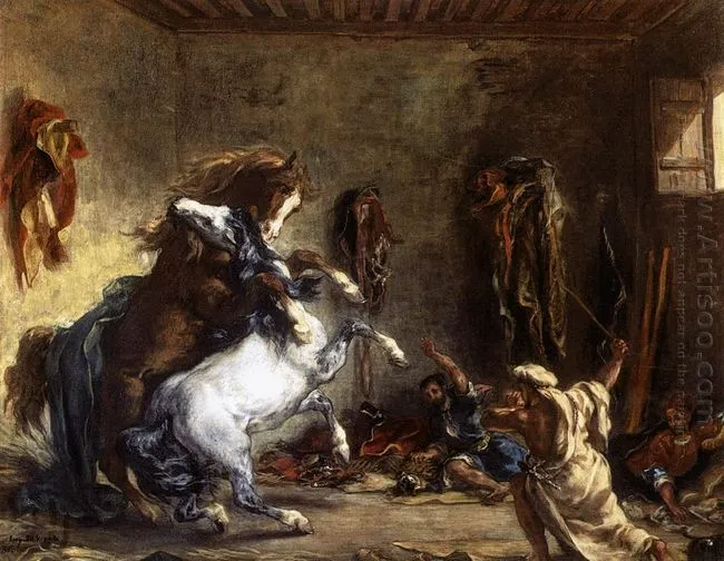 Los caballos árabes que luchan en un Stable 1860 - Pintura al óleo