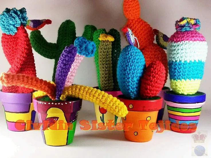 Cactus Tejidos al crochet con macetas de barro Nº7 pintadas a mano ...